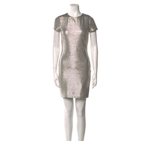 Alice & Olivia Metallic Silver Sheath Dress Short Sleeve Cocktail Party medium - Picture 2 of 10